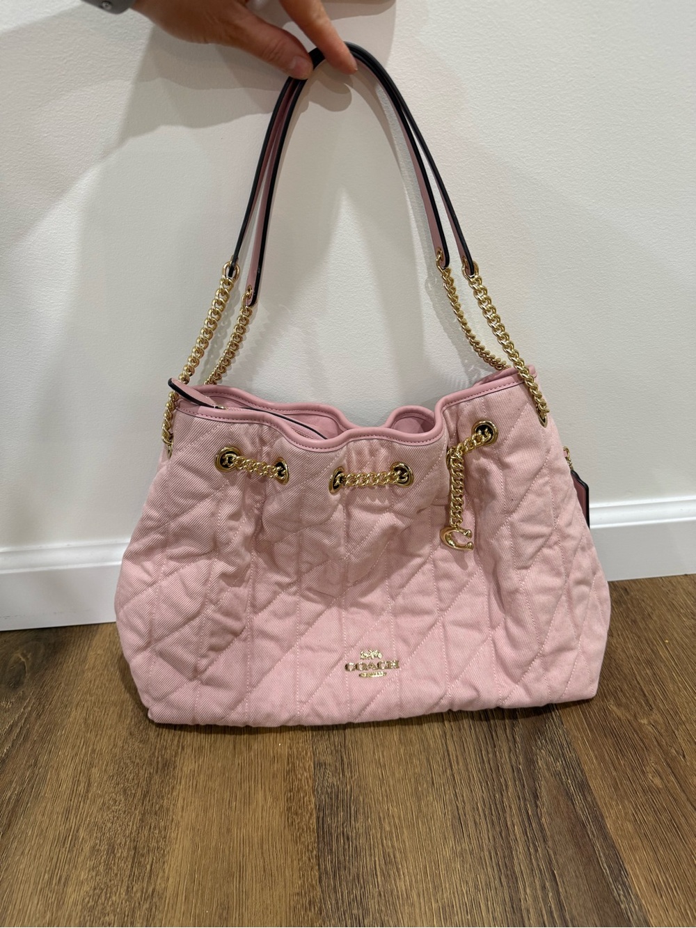 Coach Evelyn in Quilted Pink Denim Drawstring Shoulder Bag